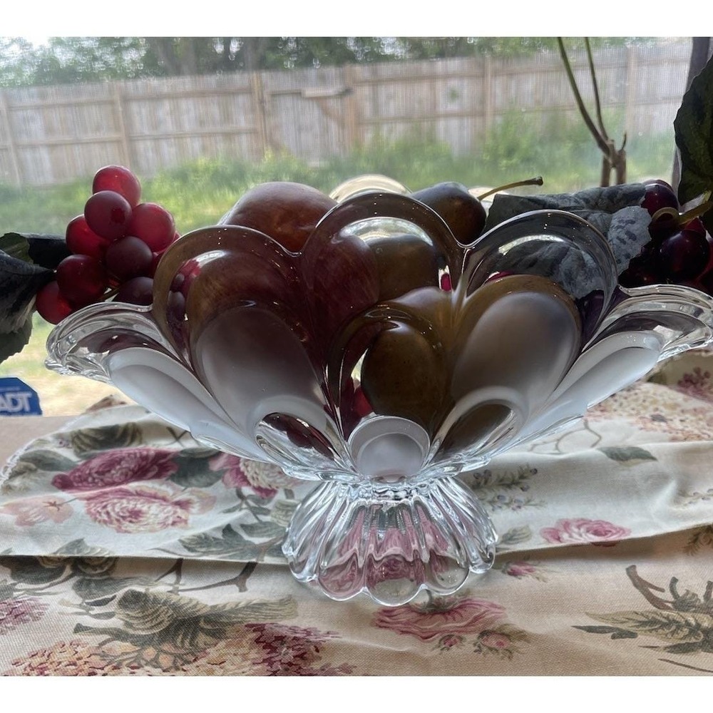 1950's Bohemia Czech Crystal Large 12" Scalloped Frosted Bowl With Fruit